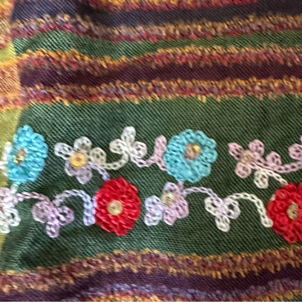 🛍️2/$10🛍️Embroidered Multicolor Fringe Scarf - Gold, Purple, Green, Burgundy - Picture 4 of 5